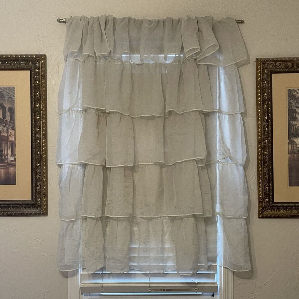 Vtg Curtains Ruffle Tier Sheer Panel Short 50” Long  65” Wide Ivory Buttonhole